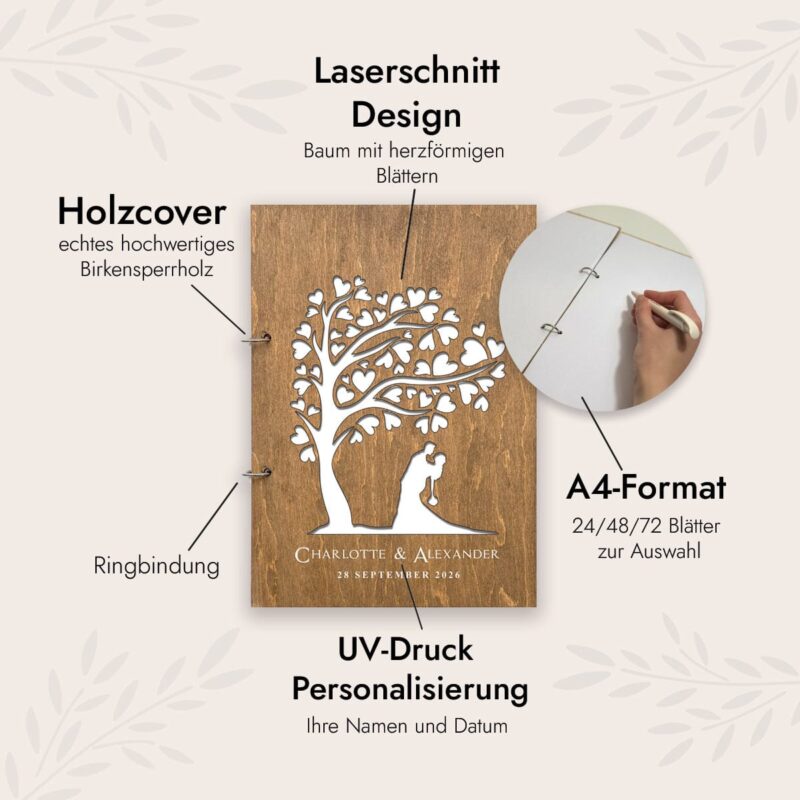 Gästebuch Hochzeit Paar unter Herzbaum Vertikal – Bild 2