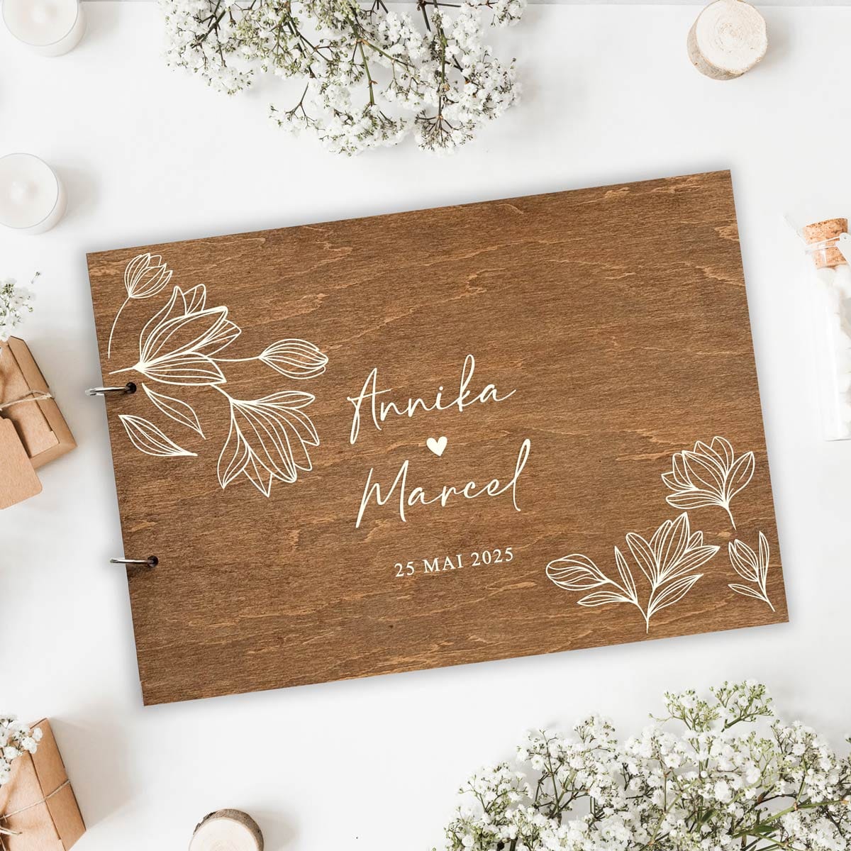 INTIRILIFE Gästebuch Hochzeit – Vintage Holzalbum, 26,1x18,9 Cm, Mit Gravur, Für Gästebotschaften